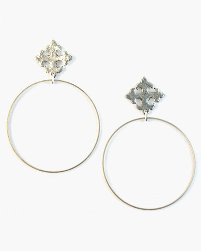 Our small Maltese cross accents a delicate wire circle. Post top earring with comfort disk backs. Maltese Cross Post Top Earring, made in Frisco TX, Julio Designs