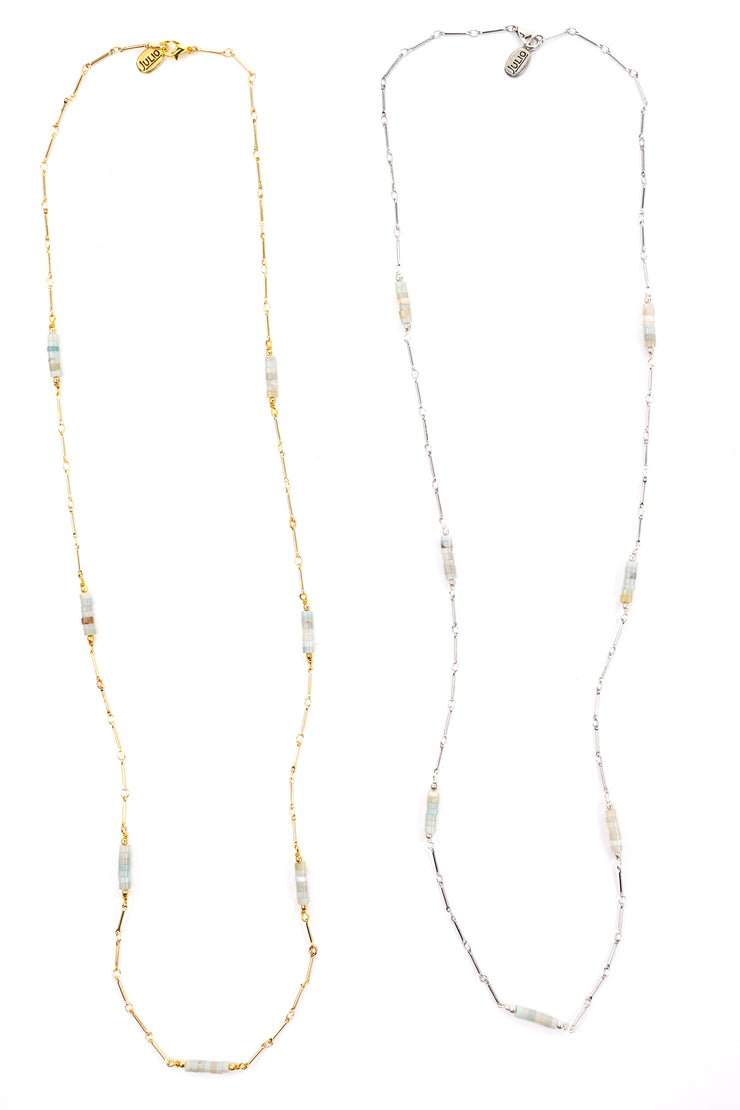 Boxcar Gemstone and Bar Chain Long Necklace