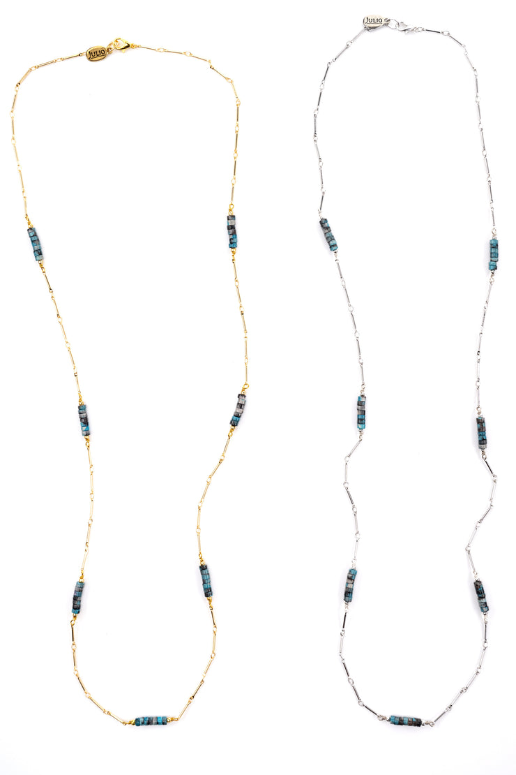 Boxcar Gemstone and Bar Chain Long Necklace