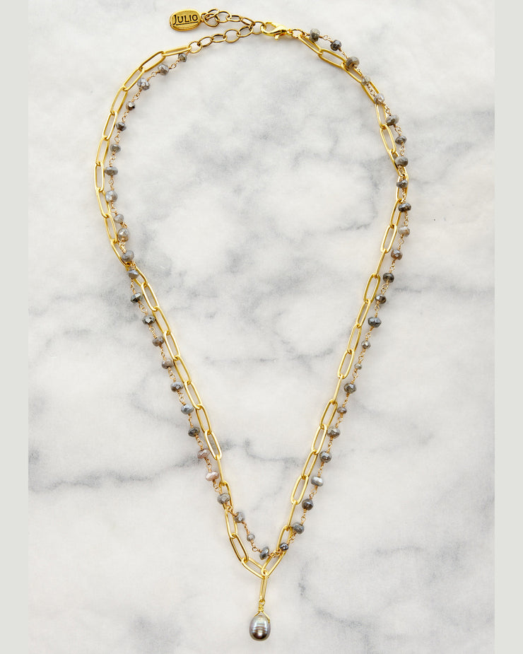 Fanta Double Strand Gemstone and Paperclip Chain Necklace
