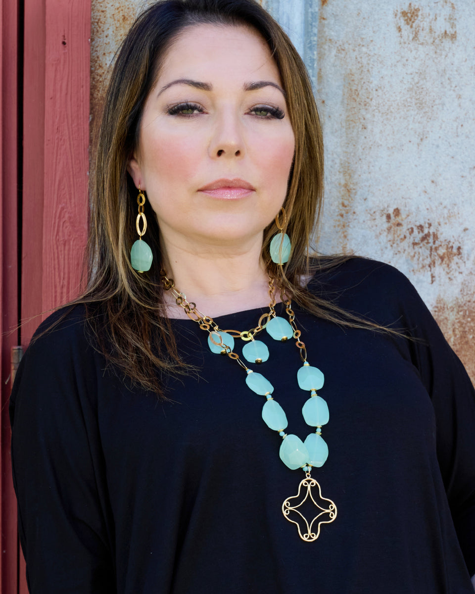 Ruidoso Aqua Crystal Gold Pendant Long Statement Necklace – Julio ...