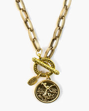 Answer Toggle Front Coin Necklace, A single 14k gold plated winged victory coin, Julio Designs, Frisco, TX