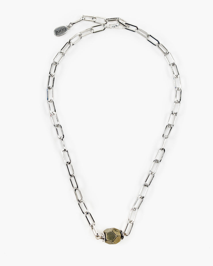 Julio Designs, Frisco, TX, Silver, Pyrite, Small paperclip chain necklace with stone accent, Bella Focal Bead Paperclip Chain Necklace