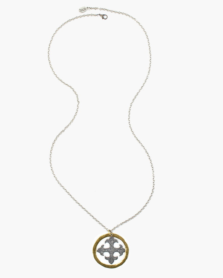 Handmade, Frisco TX Cavendish Maltese cross and circle pendant suspended from a strand of textured cable chain, Julio Designs Necklace consists of a 