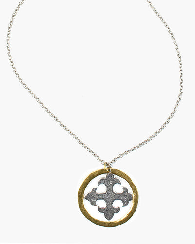 a strand of textured cable chain, Julio Designs, Handmade, Frisco TX Cavendish Necklace consists of a Maltese cross and circle pendant suspended from 