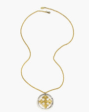 Julio Designs, Handmade, Frisco TX Cavendish Necklace consists of a Maltese cross and circle pendant suspended from a strand of textured cable chain