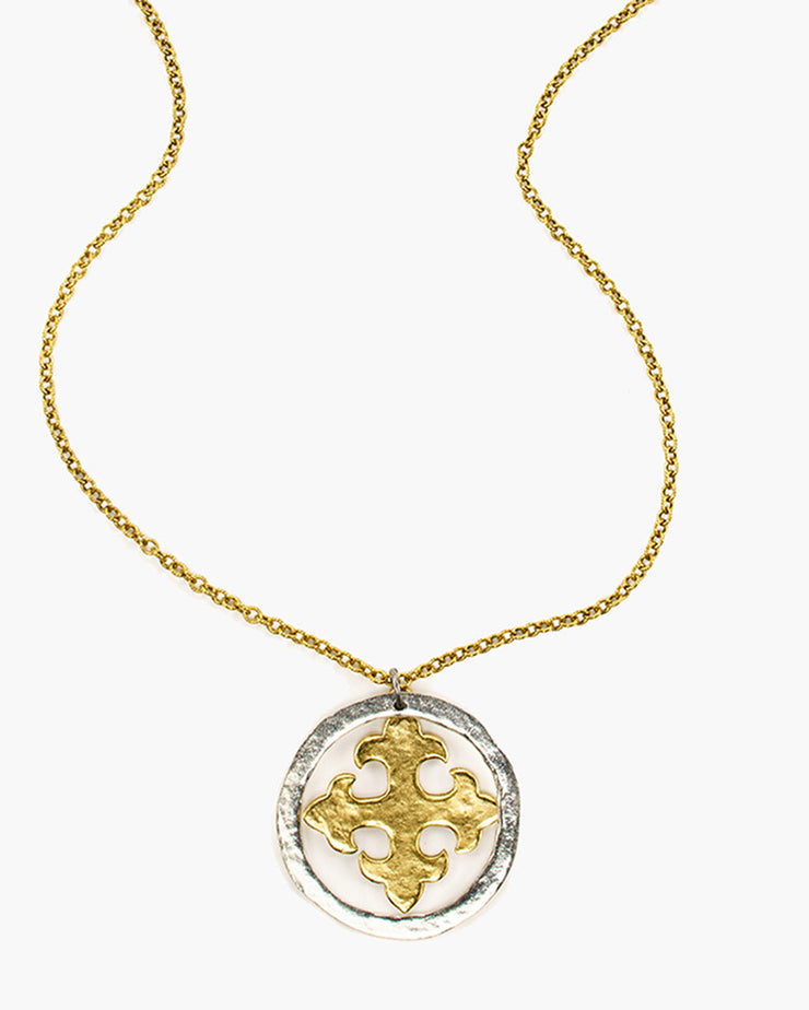 Cavendish Necklace consists of a Maltese cross and circle pendant suspended from a strand of textured cable chain, Julio Designs, Handmade, Frisco TX