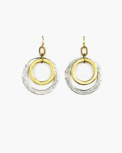 Julio Designs, Handmade in Frisco TX Layered double circle earring features our medium and small circles accented with textured cable chain.