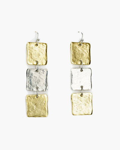 Geometric Dangle Earring. Trio of hammered squares dangle from ear wires.