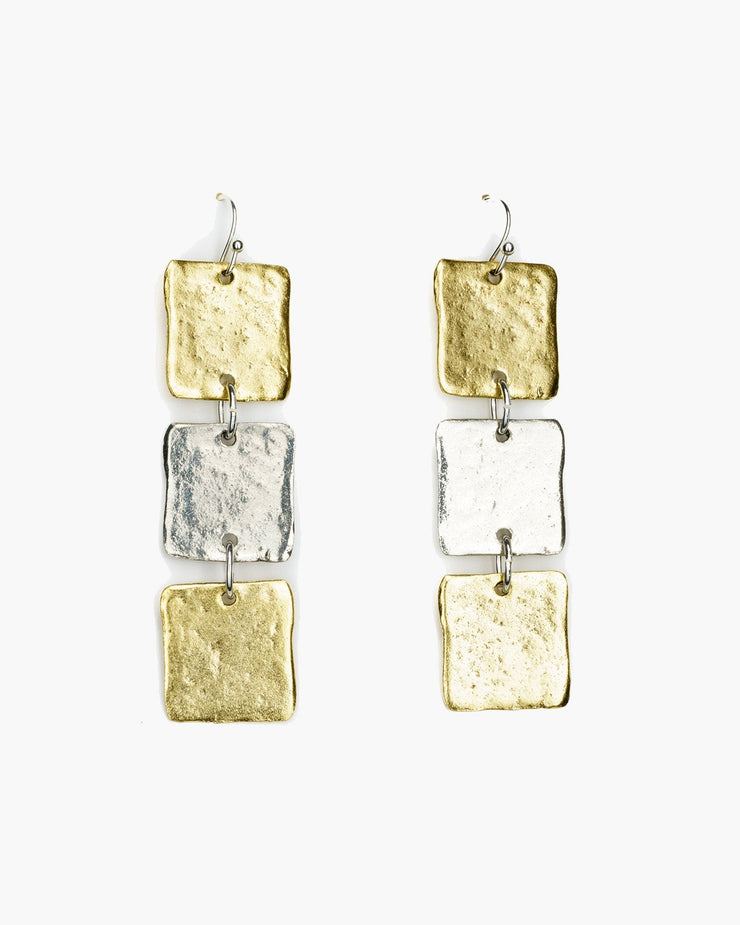 Trio of hammered squares dangle from ear wires. Geometric Dangle Earring.