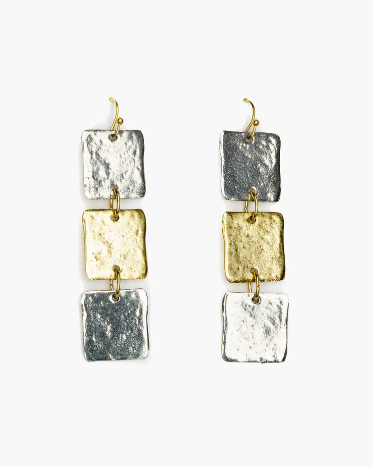 Geometric Dangle Earring. Trio of hammered squares dangle from ear wires.