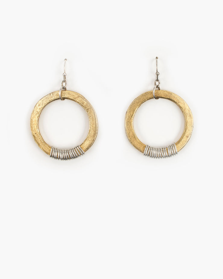 Our medium hammered circles with a hand wire-wrapped accent. Mixed metal beauty! For the larger version see our ER272. Handmade in Frisco, Texas. Julio Designs