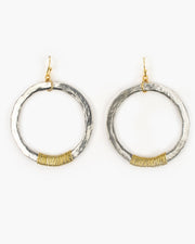 Wire Wrapped Large Hoop Earring (ER272) Handmade in Frisco TX, Julio Designs Our large hammered circles with a hand wire-wrapped accent.  Mixed metal beauty!  For the smaller version see our ER271.