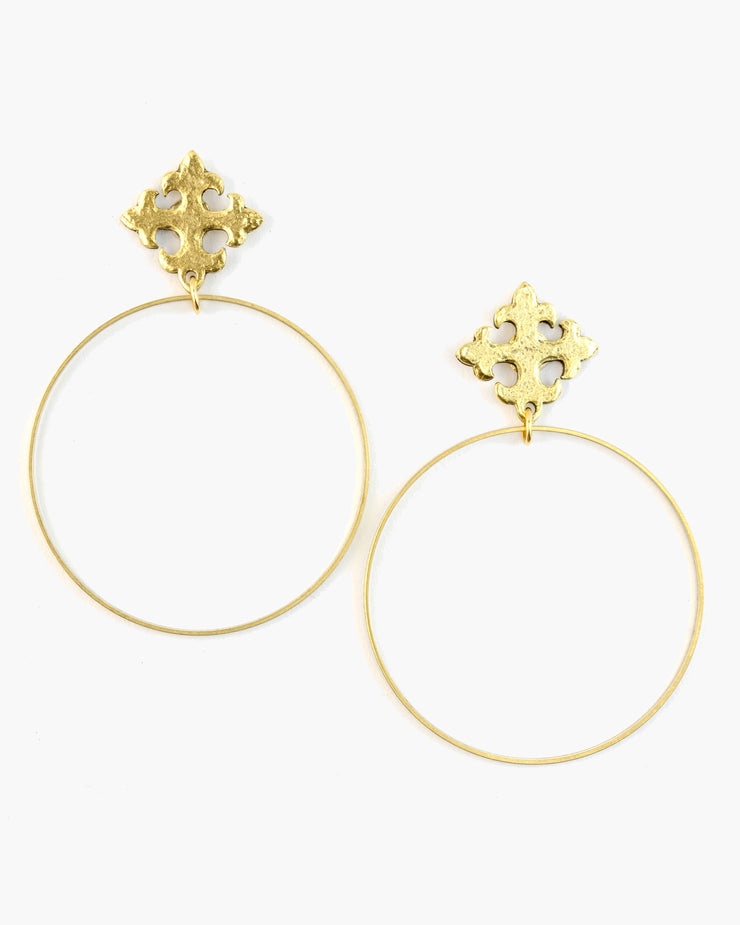 Our small Maltese cross accents a delicate wire circle. Post top earring with comfort disk backs. Maltese Cross Post Top Earring, made in Frisco TX, Julio Designs