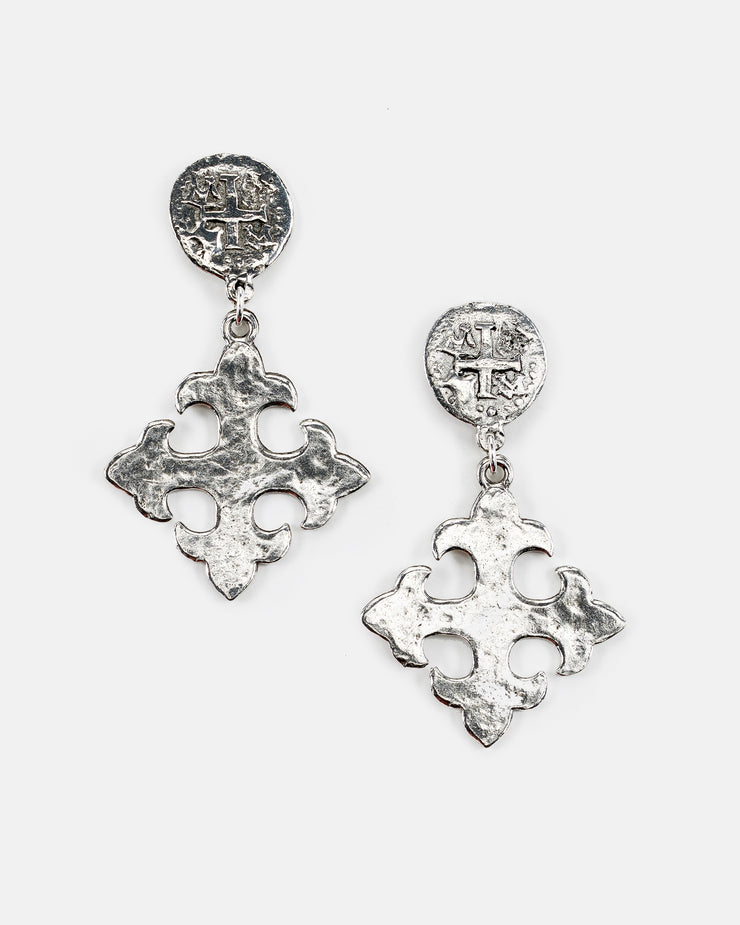 Large Maltese cross charm on coin cross post top. Silver, Frisco TX, Handmade, Julio Designs