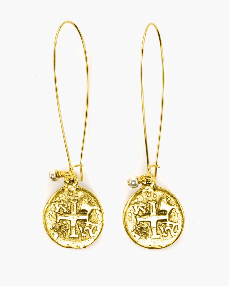 Our classic coin earring on an elongated kidney wire.  Pieces of eight coin with metallic bead accent.