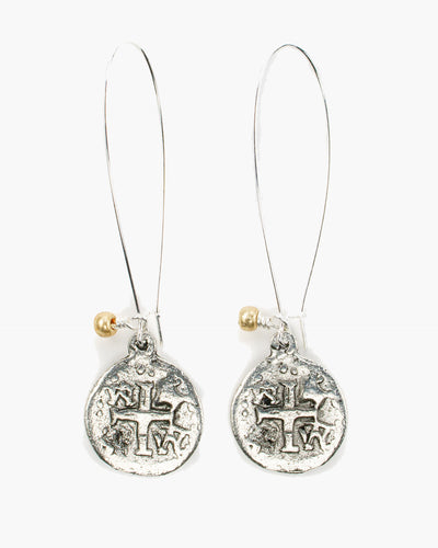 Our classic coin earring on an elongated kidney wire.  Pieces of eight coin with metallic bead accent.