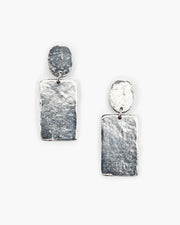 A Hammered rectangle charm is suspended from a hammered oval post top. Hammered Rectangle Post Top Earring