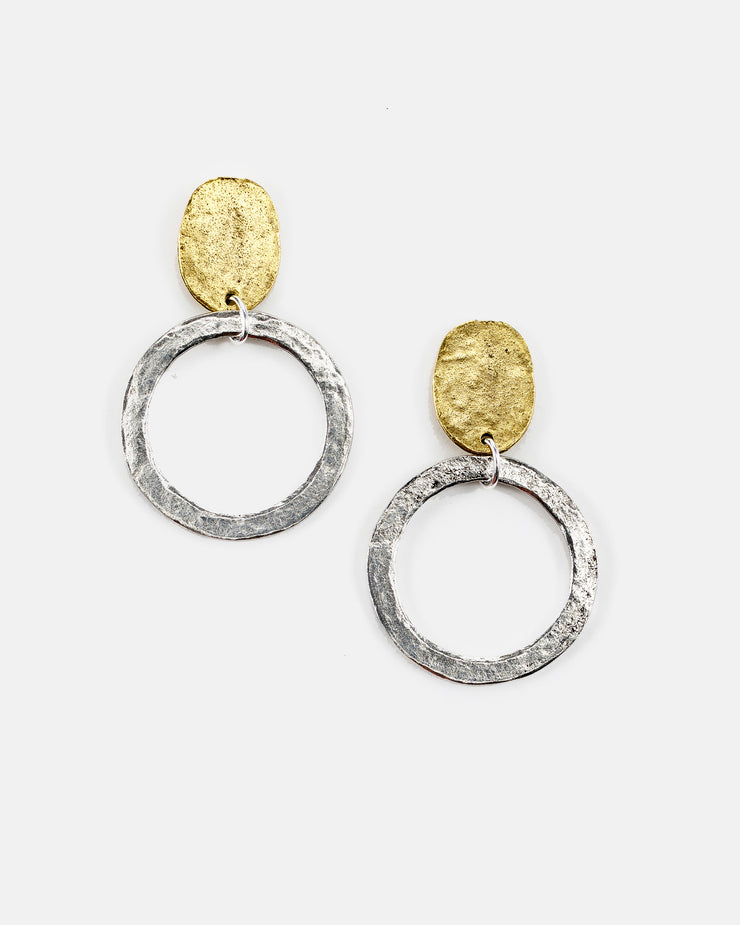 Handmade in Frisco Texas, Oval post top earring with medium hammered circle dangle. Medium Hammered Circle Post Top Earring (ER497) Julio Designs