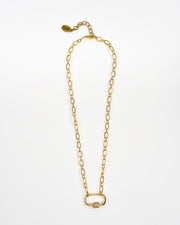 Golden Grahams Delicate Carabiner Necklace. This beautiful delicate golden necklace consists of a small carabiner pendant with sparkling CZ accents on cable chain.