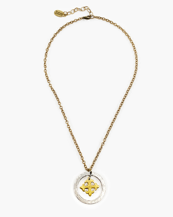 This is the smaller version of our signature necklace, Cavendish. The Mango Pendant Necklace has a similar design of Maltese cross and circle pendant suspended from a strand of textured cable chain. Mango Pendant Necklace, Handmade in Frisco TX, Julio Designs