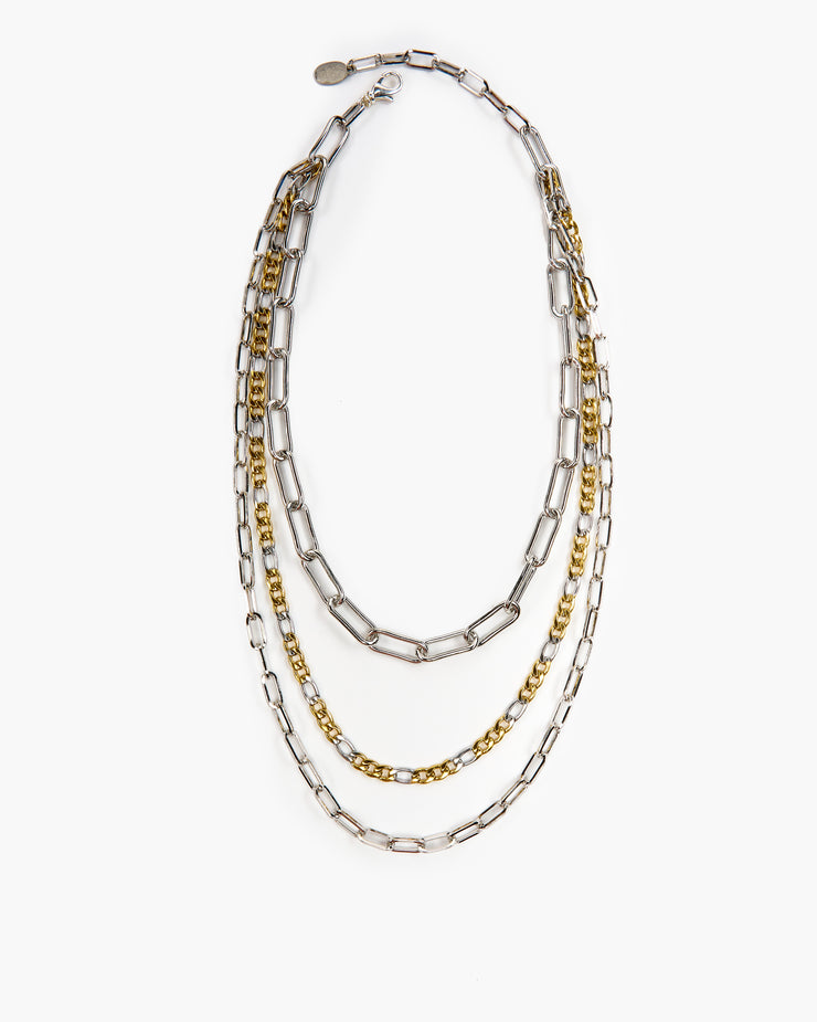 Mondrian Triple Strand Paperclip Chain Necklace, handmade in Frisco TX, Julio Designs This stunning statement necklace consists of 2 different sizes of paperclip chain and 1 2-tone figaro chain. 