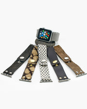 Italian leather watchband for your Apple Watch.  Brackets are 38mm but also fit 42mm size.  Adjusts with 3 snaps.  On the 38mm face, the band adjusts from 6.75" to 7.5".  On the 42mm face the band adjusts from 7" to 7.75".  The Rover Watchband fits all series Apple watch, both sizes. Handmade in Frisco TX, Julio Designs