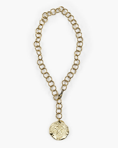 The Steinem necklace is very versatile and can be clipped anywhere along the chain. Handmade in Frisco TX, Julio Designs Round cable chain necklace with large shipwreck coin pendant.