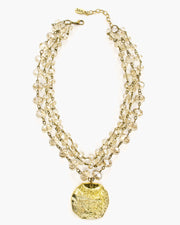 A golden "pieces of eight" coin is suspended from three strands of faceted Czech crystal linkage.  Wear it short or long for two different looks in one necklace. Handmade in Frisco TX, Julio Designs